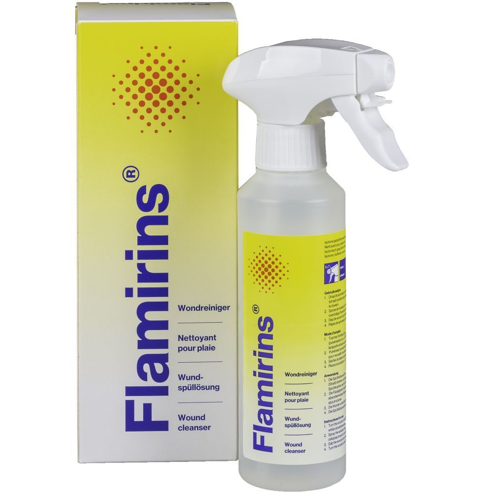 Flamirins wondreinigingsspray met verpakking. Fles en doos met geel ontwerp en productnaam.