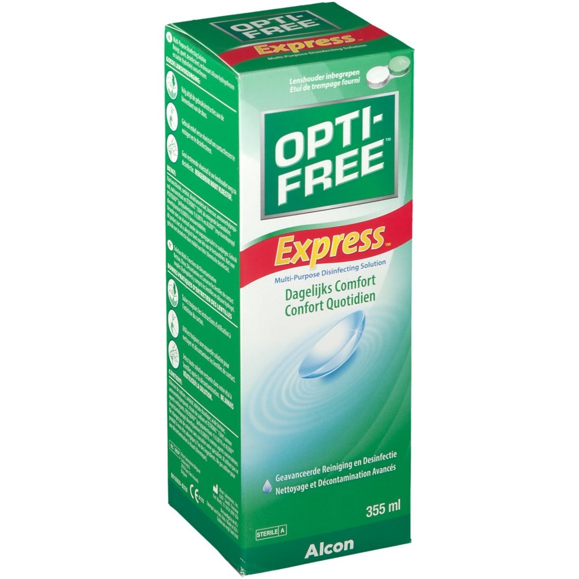 Groene verpakking van Opti-Free Express. Multi-purpose desinfecterende oplossing. Contactlens symbool.