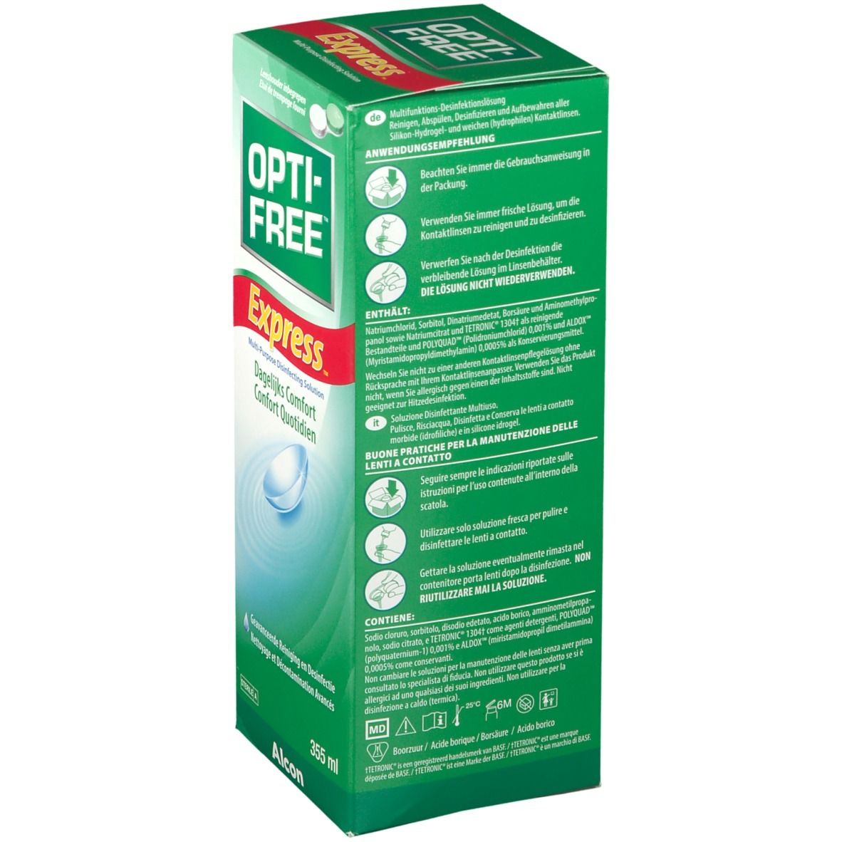 Achterkant van de Opti-Free Express verpakking. Bevat informatie over gebruik en ingrediënten. Alcon logo.