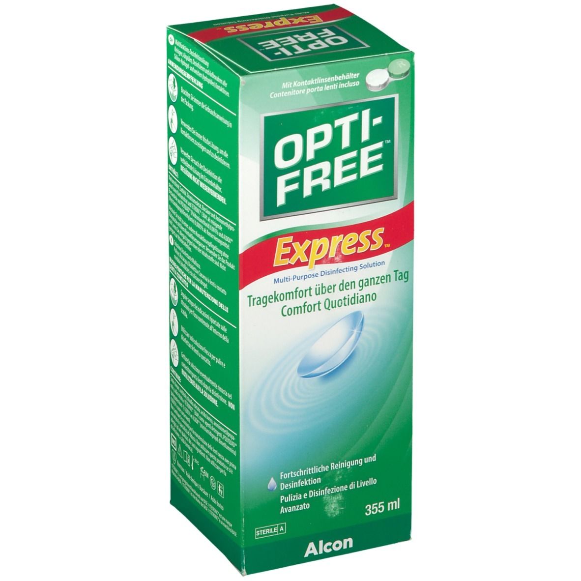 Groene verpakking van Opti-Free Express. Multi-purpose desinfecterende oplossing. Comfort de hele dag.