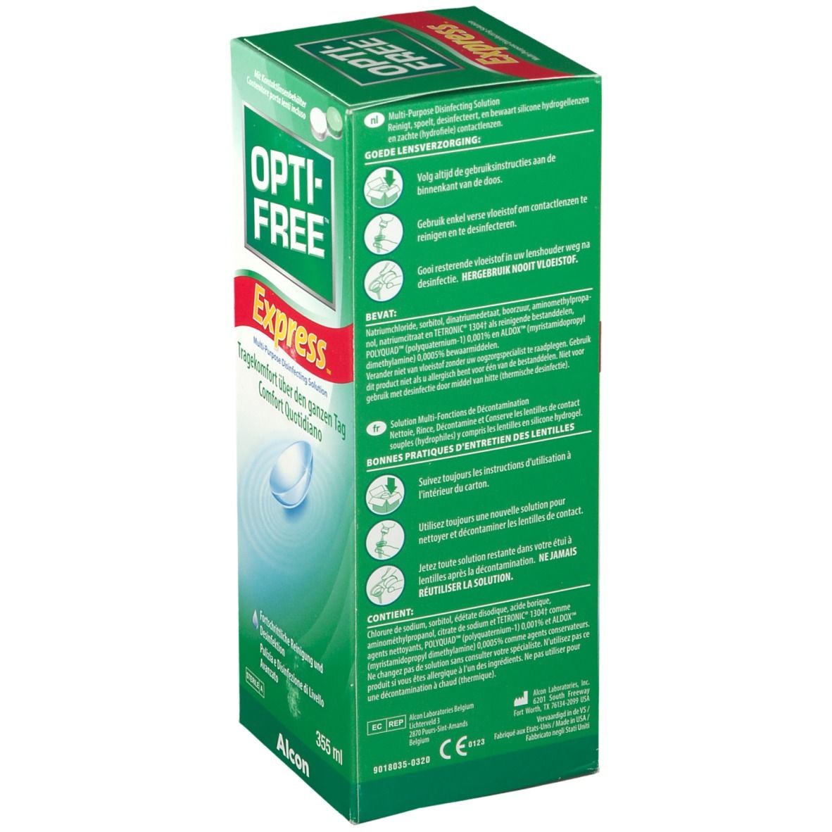 Achterkant van de Opti-Free Express verpakking. Bevat informatie over gebruik en ingrediënten. Alcon logo.