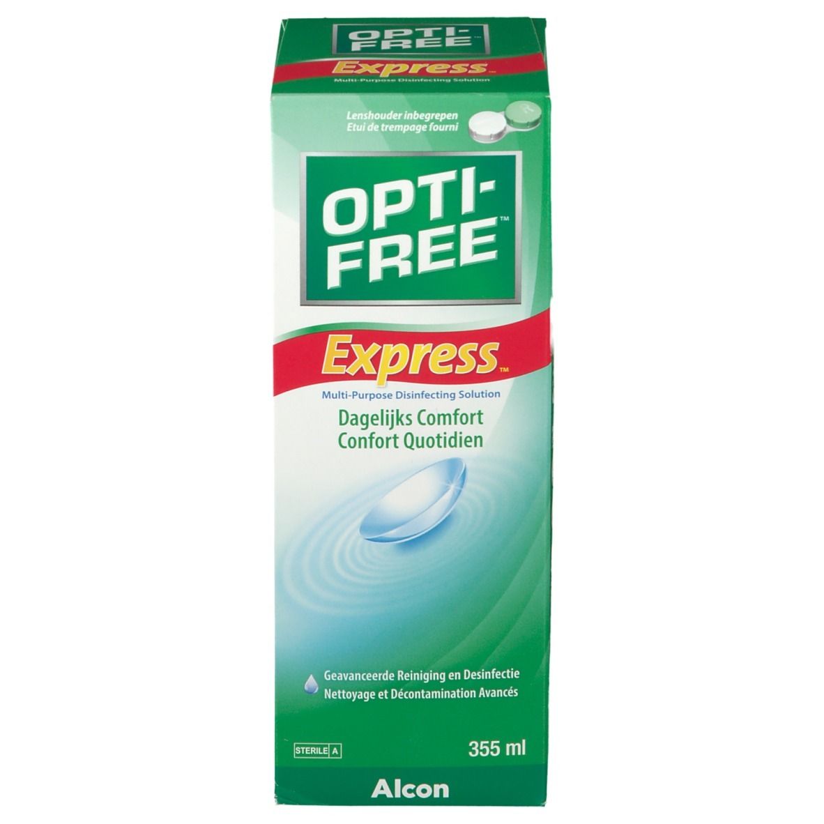 Groene verpakking van Opti-Free Express. Multi-purpose desinfecterende oplossing. Contactlens symbool.