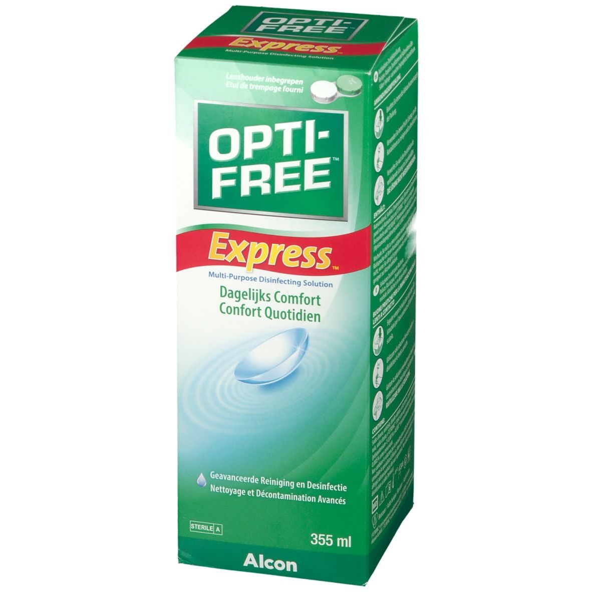 Groene verpakking van Opti-Free Express. Multi-purpose desinfecterende oplossing. Contactlens symbool.