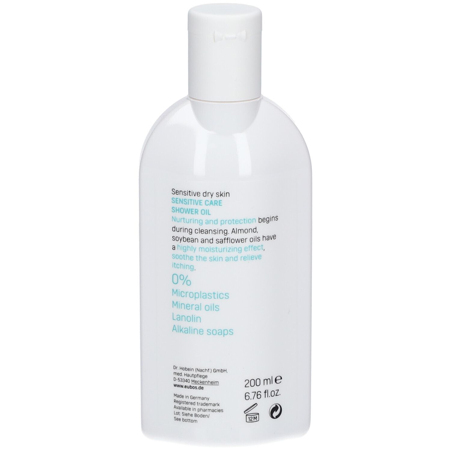 Dos du flacon blanc. Texte: Sensitive Care, Huile Douche. 0% microplastiques, huiles minérales, lanoline, savons alcalins.