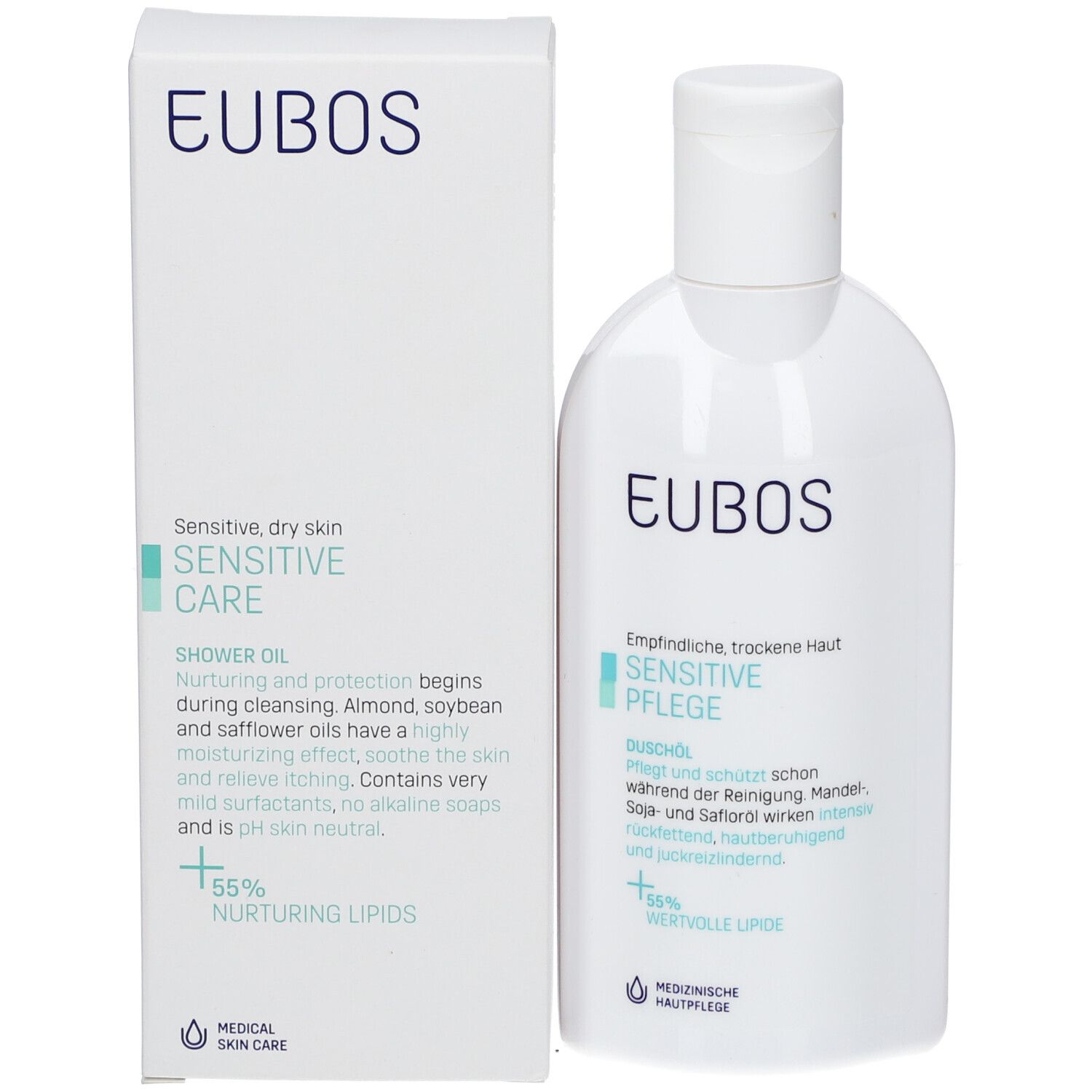 Emballage et flacon. Emballage: blanc avec texte bleu EUBOS. Flacon: blanc avec texte bleu EUBOS.