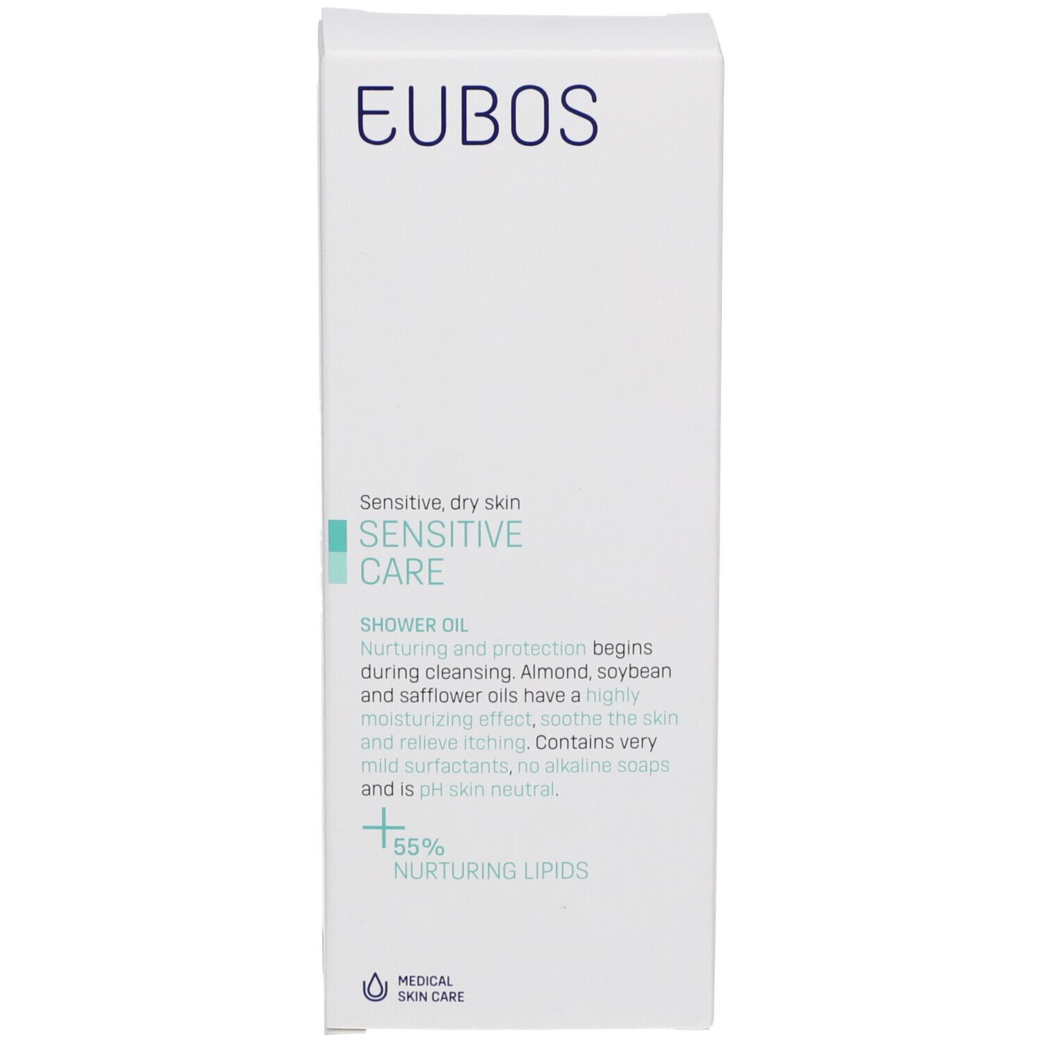 Emballage blanc avec texte bleu EUBOS. Texte: Sensitive Care, Huile Douche. 55% Lipides nourrissants. Soin médical de la peau.