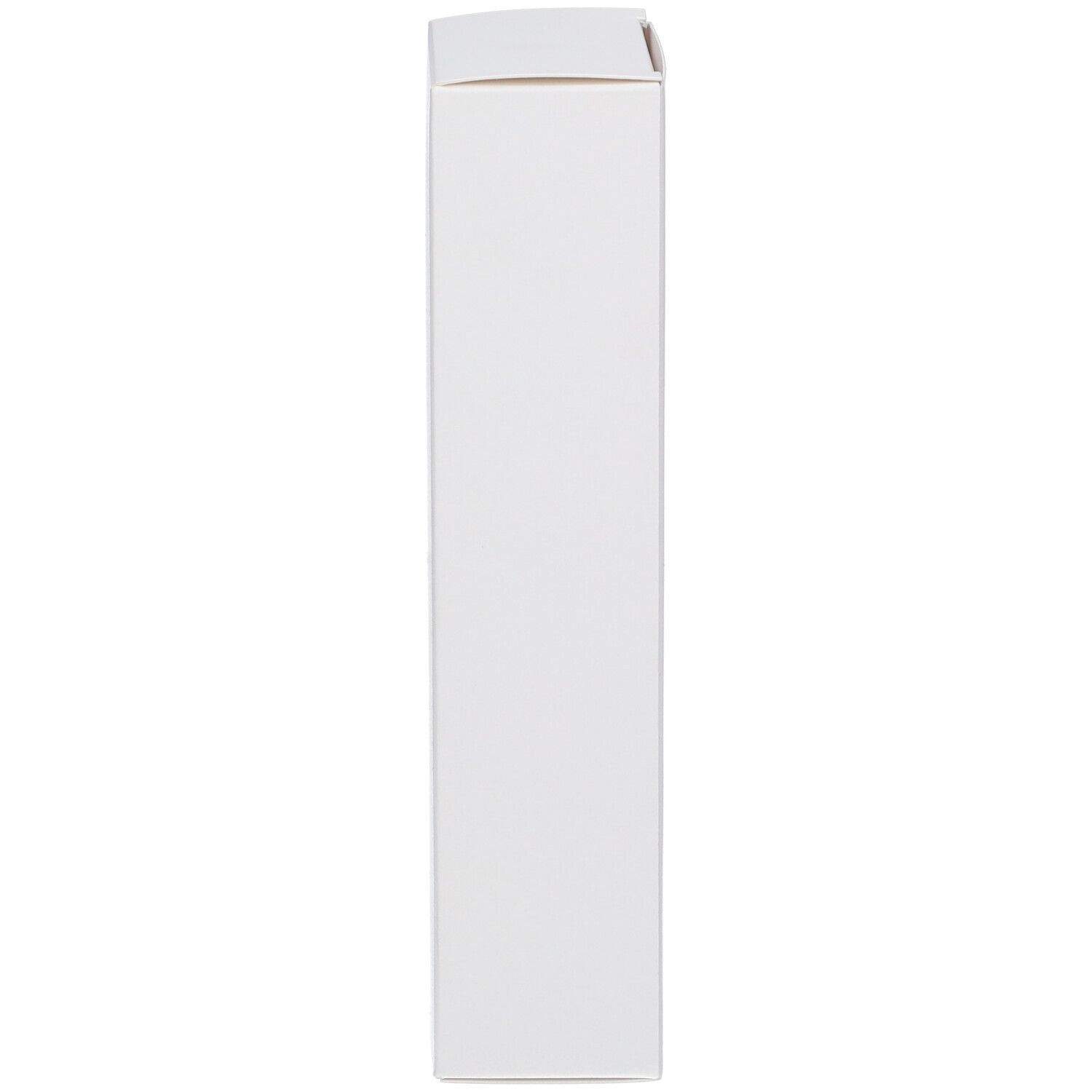 Vue latérale de l'emballage blanc. Aucun texte ni logo visible.