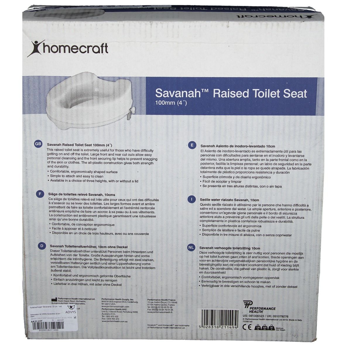 Confezione del sedile WC rialzato. Testo multilingue. Logo Homecraft visibile.