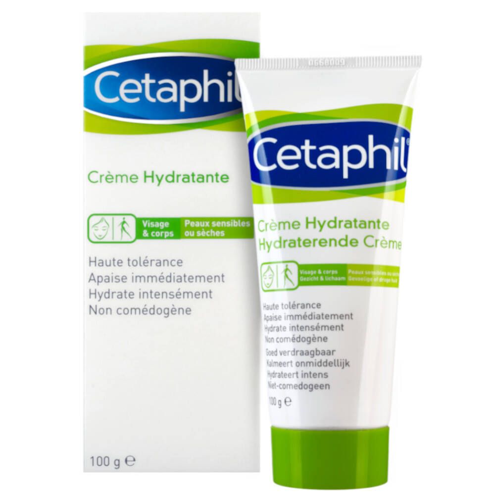 CETAPHIL Crème Hydratante Tube und Verpackung. Weiße Tube mit grünem Deckel. Text: Crème Hydratante, 100g.