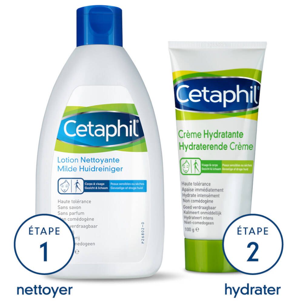CETAPHIL Produkte: Lotion und Crème Hydratante. Weiße Flasche und Tube. Text: Lotion, Crème Hydratante.