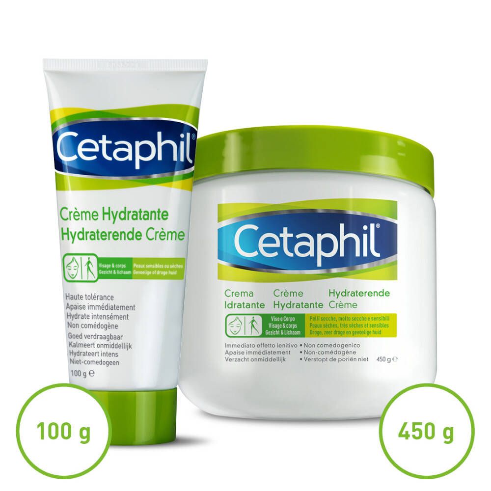 CETAPHIL Crème Hydratante: Tube und Tiegel. Weiße Tube und Tiegel. Text: Crème Hydratante, 100g, 450g.