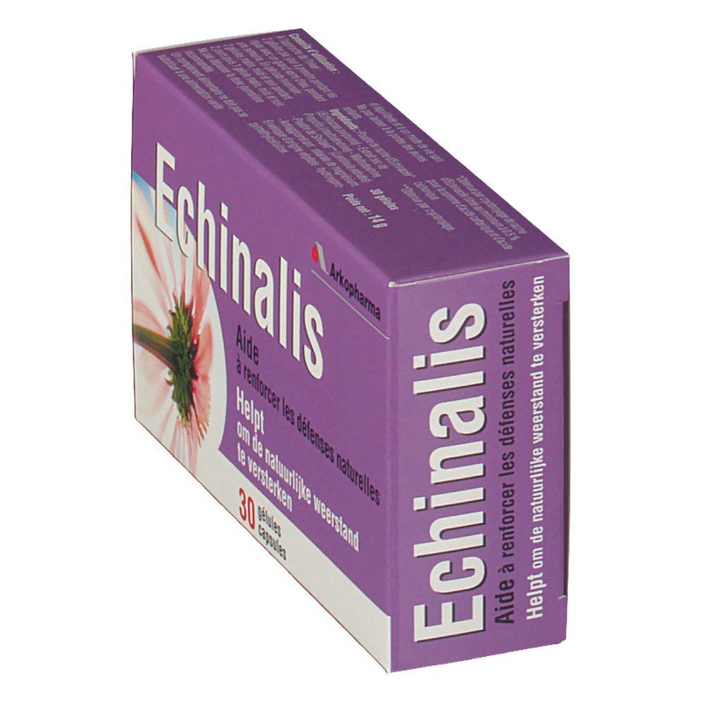 Scatola viola con scritta "Echinalis". Contiene 30 capsule. Logo Arkopharma.