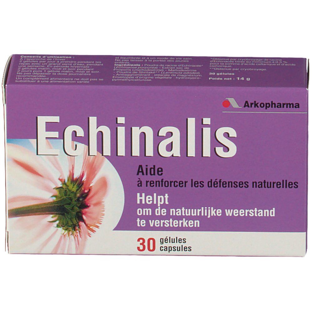 Scatola viola con scritta "Echinalis". Contiene 30 capsule. Logo Arkopharma.