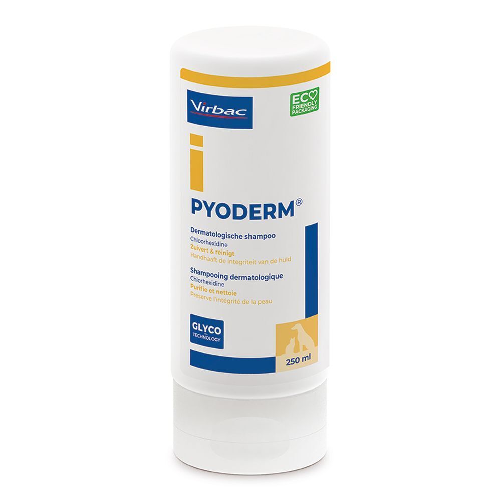Weiße Flasche mit gelbem Deckel. Aufschrift: PYODERM®, dermatologisches Shampoo. Virbac Logo. 250 ml.