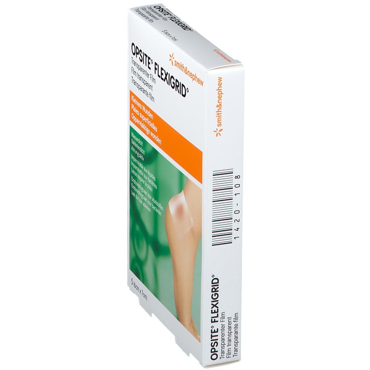 Boîte OPSITE FLEXIGRID, film transparent. 5 pièces (6cm x 7cm). Vue latérale avec code-barres.