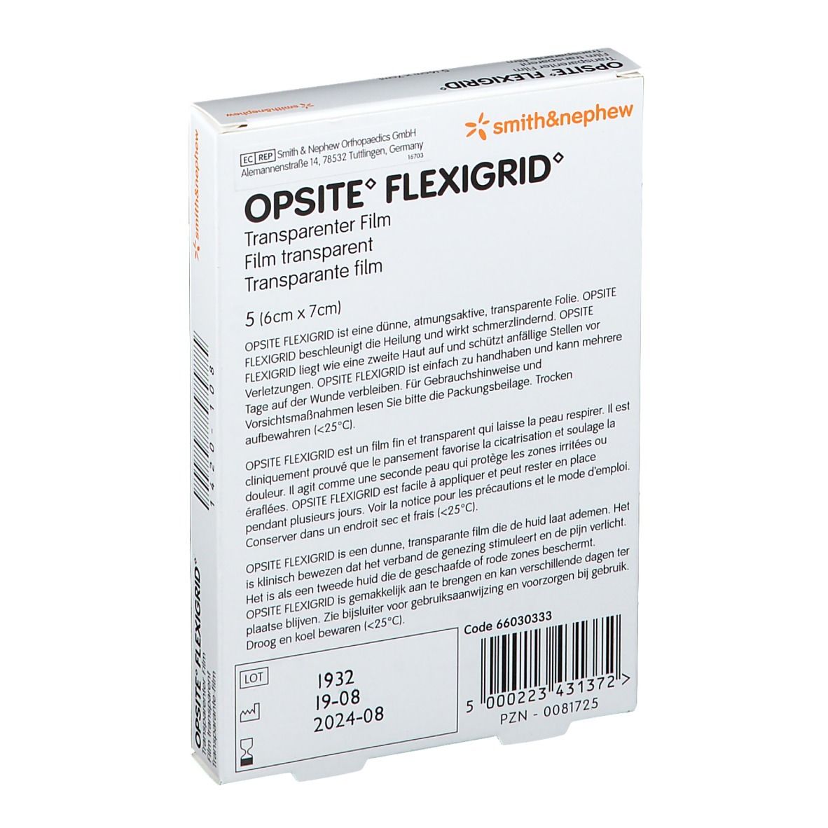 Boîte OPSITE FLEXIGRID, film transparent. 5 pièces (6cm x 7cm). Dos avec informations produit.