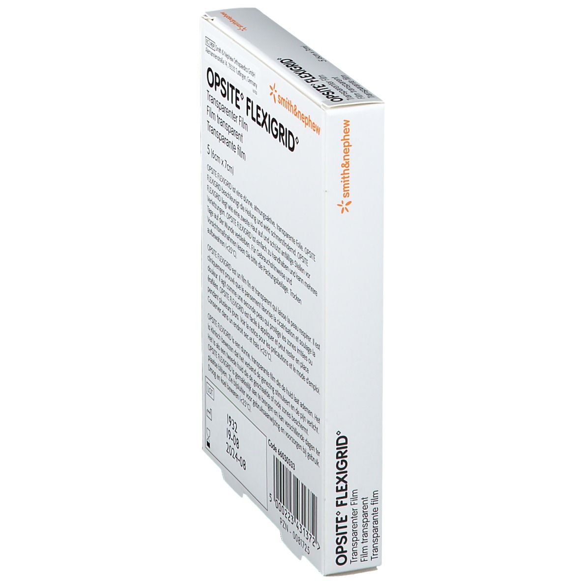 Boîte OPSITE FLEXIGRID, film transparent. 5 pièces (6cm x 7cm). Vue latérale.