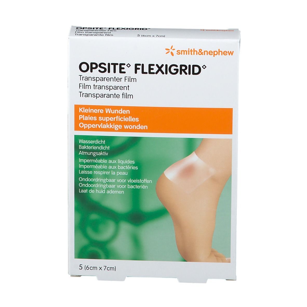 Boîte OPSITE FLEXIGRID, film transparent. 5 pièces (6cm x 7cm). Imperméable, respirant, antibactérien.