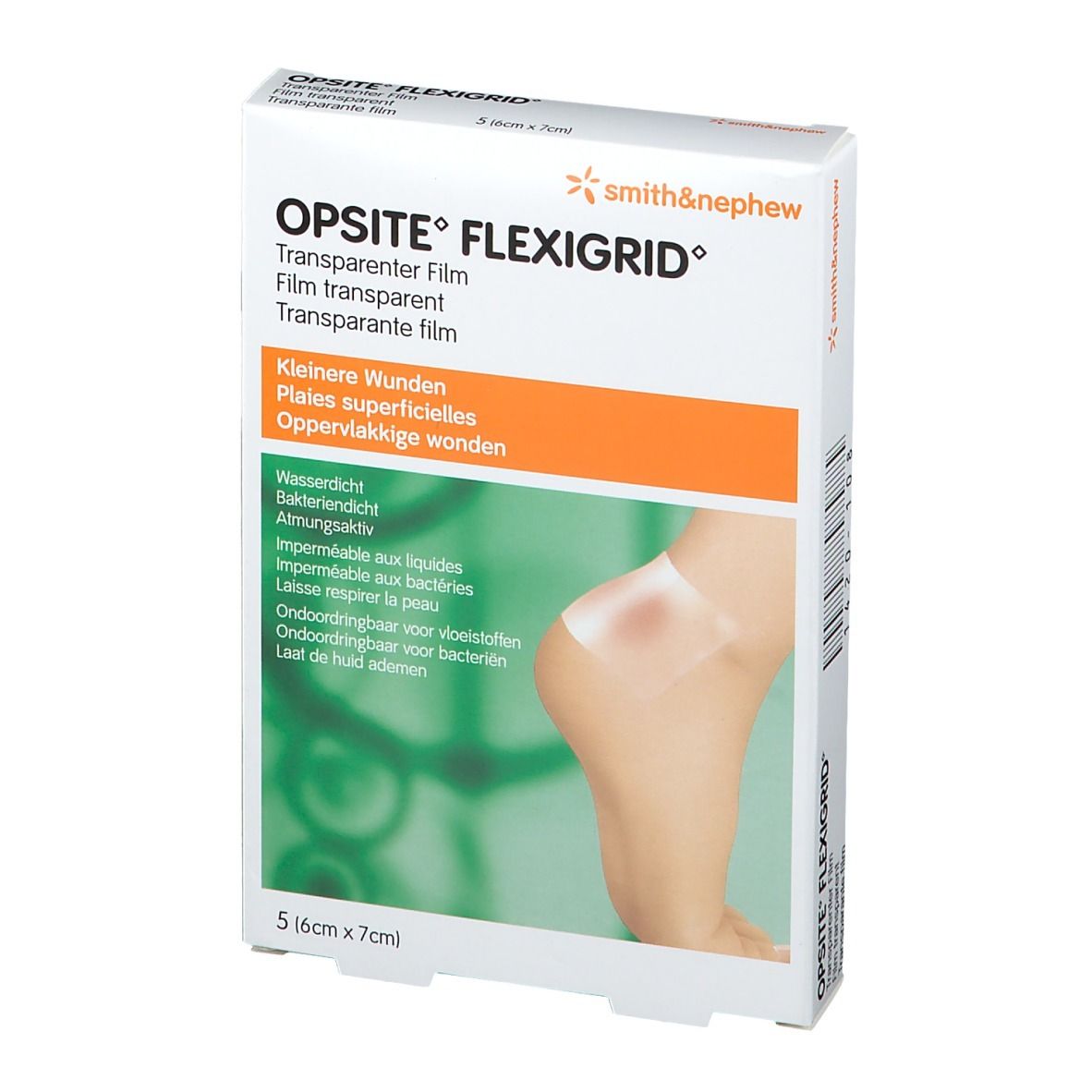 Boîte OPSITE FLEXIGRID, film transparent. 5 pièces (6cm x 7cm). Imperméable, respirant, antibactérien.