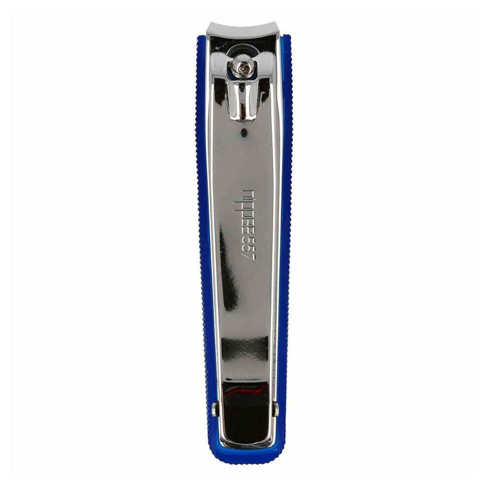 Coupe-ongles, métal argenté, manche bleu. Logo Nippes. Vue de dessus.