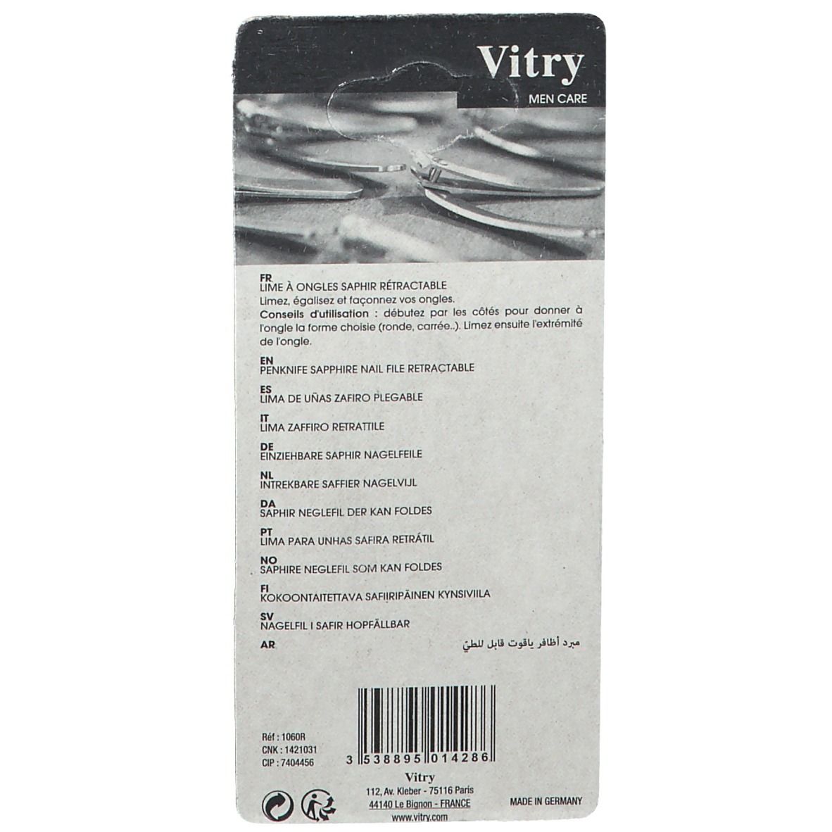 Dos de l'emballage. Texte multilingue. Code-barres et logo "Vitry".