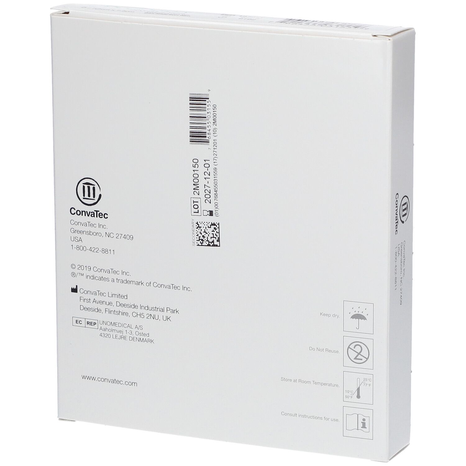 Dos de la boîte DuoDERM® Extra Thin. Informations fabricant, numéro de lot et date de péremption.