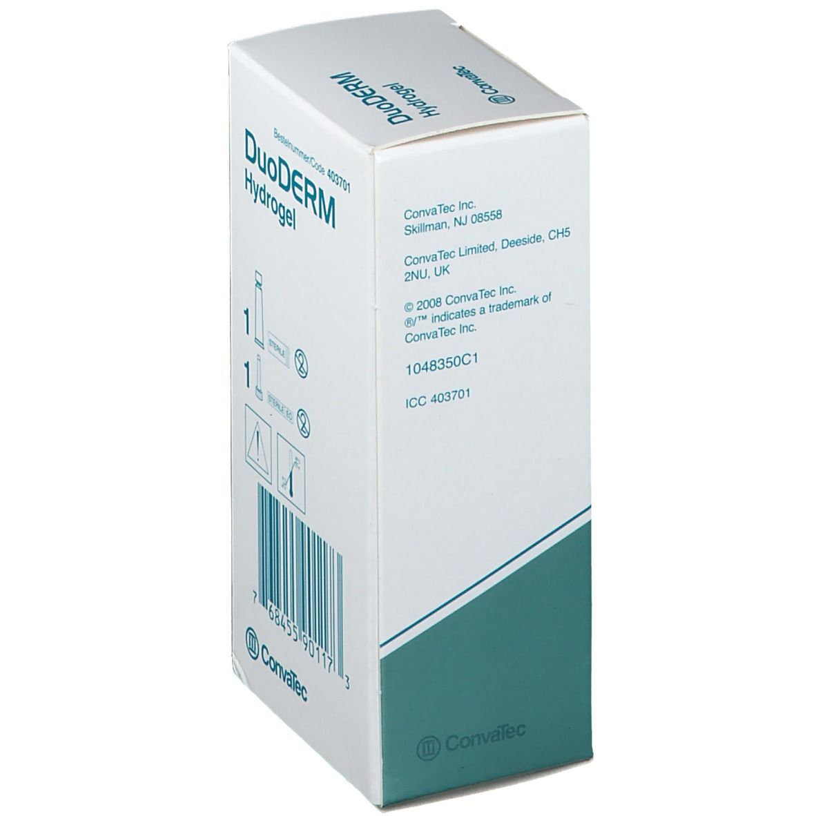 Emballage DuoDERM® Hydrogel. Boîte blanche avec base verte. Nom du produit et informations imprimées. Informations fabricant et logos.