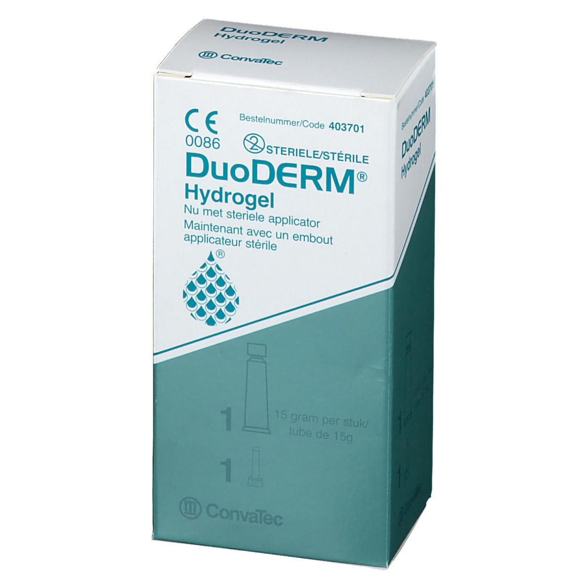 Emballage DuoDERM® Hydrogel. Boîte blanche avec base verte. Nom du produit et informations imprimées. Contient un applicateur stérile.