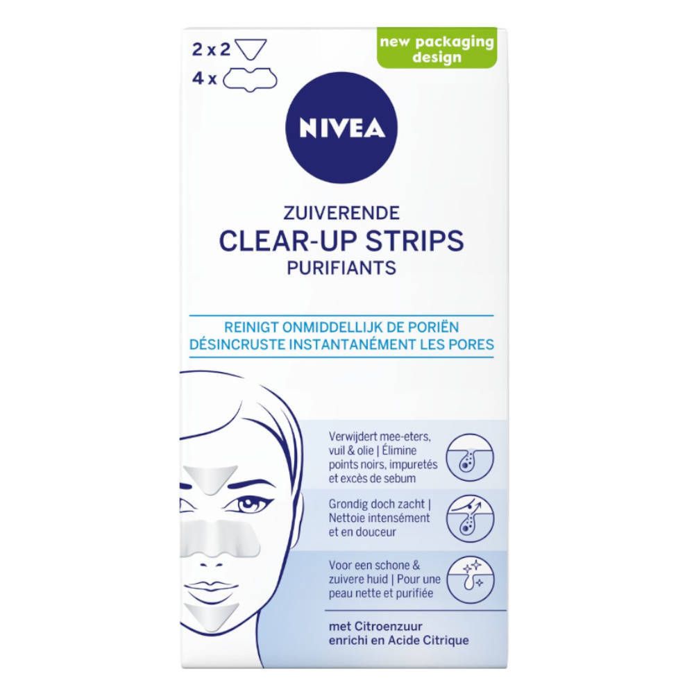 Verpakking met NIVEA Clear-Up Strips. Bevat 2x2 en 4 strips. Tekst: Reinigt direct de poriën. Met citroenzuur.