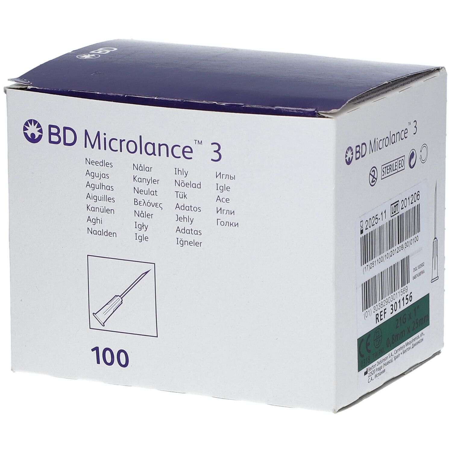 Verpackung von BD Microlance 3 Nadeln. 100 Stück. Aufdrucke: BD Microlance 3, Nadel-Illustration, 100.