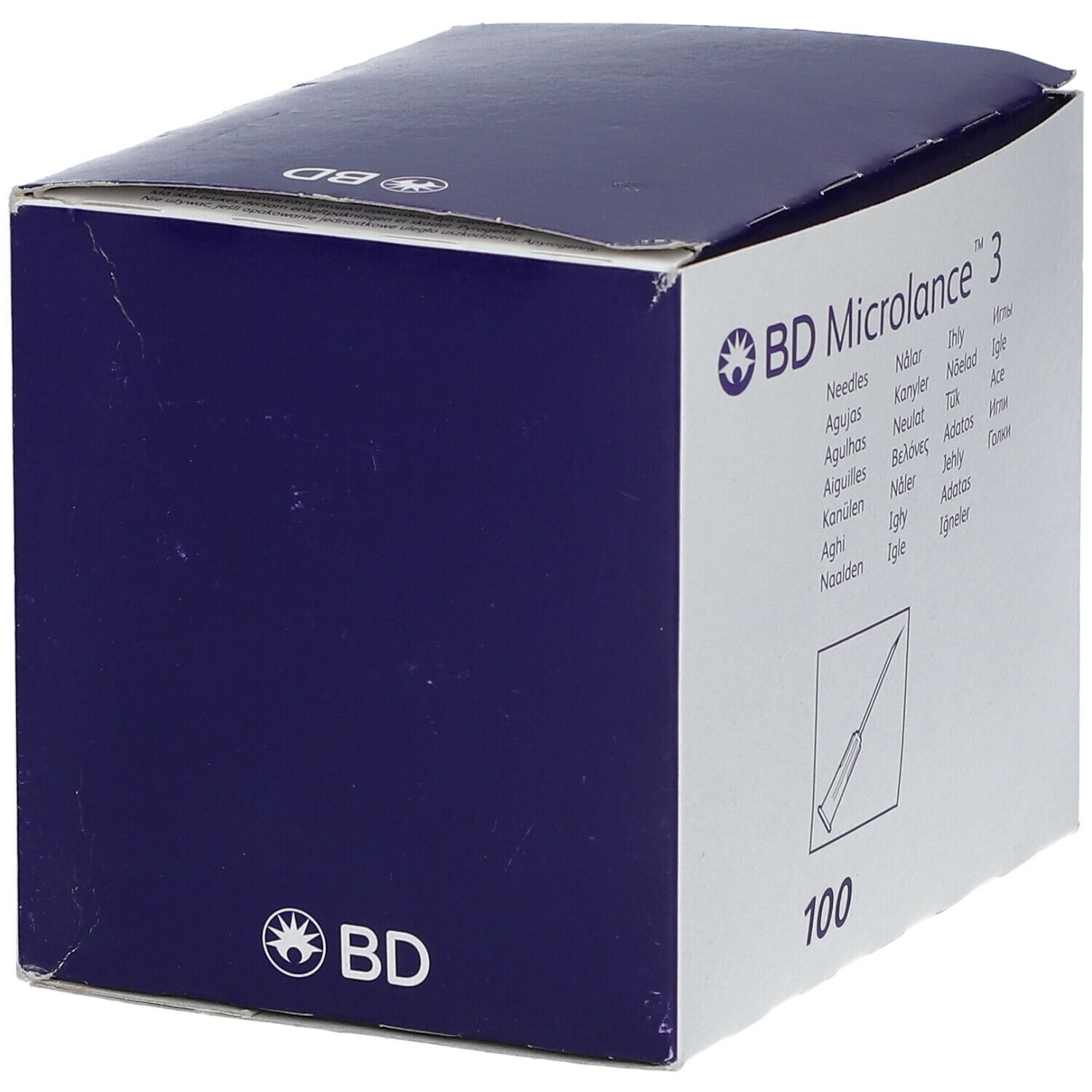 Dunkelblaue Verpackung von BD Microlance 3 Nadeln. Aufdruck: BD Microlance 3, Nadel-Illustration, 100.
