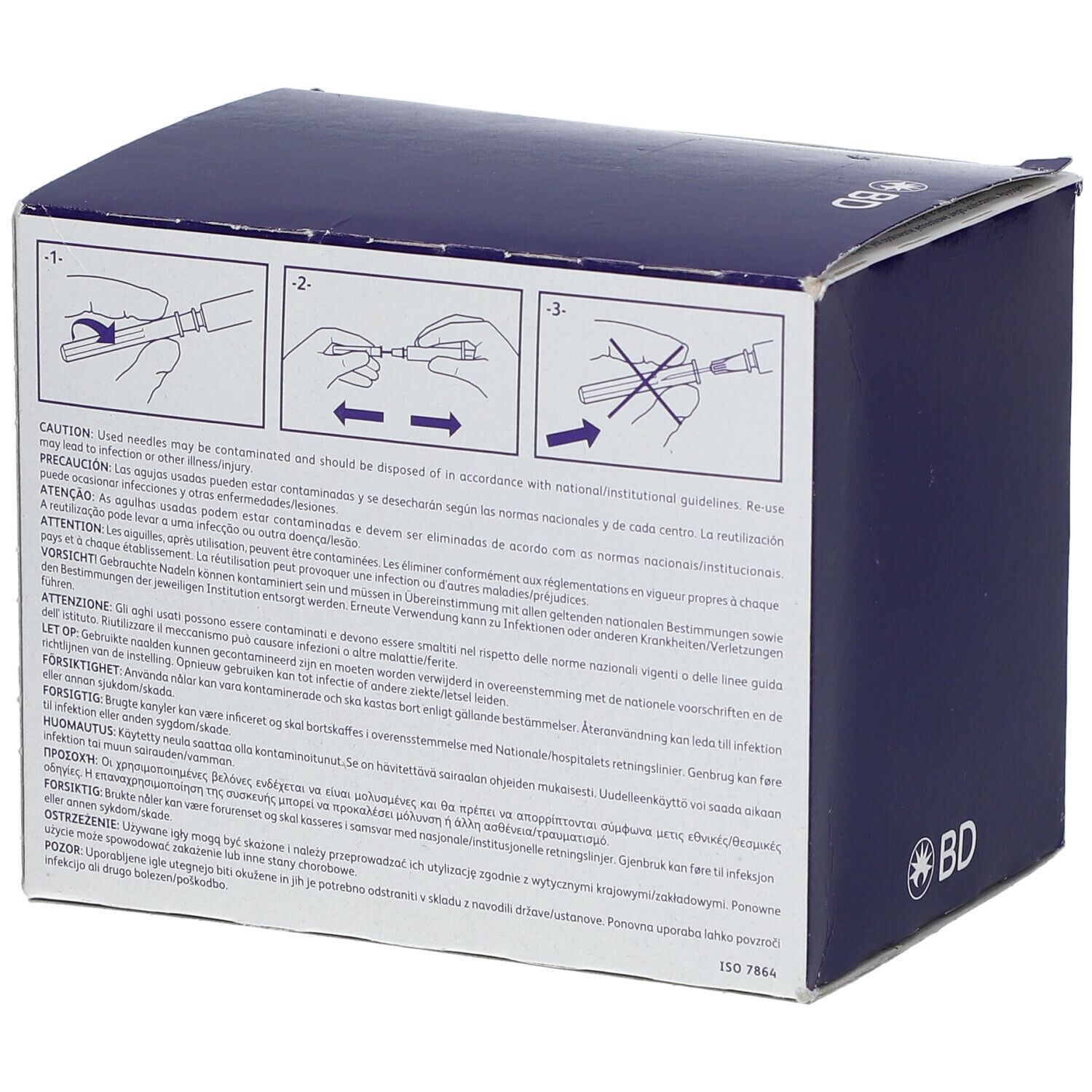 Rückseite der Verpackung von BD Microlance 3 Nadeln. Text und Piktogramme mit Anweisungen und Vorsichtshinweisen.