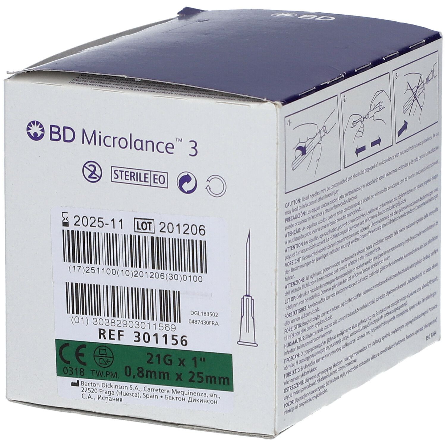 Verpackung von BD Microlance 3 Nadeln. Aufdrucke: BD Microlance 3, sterile Kennzeichnung, Chargennummer, Größe.