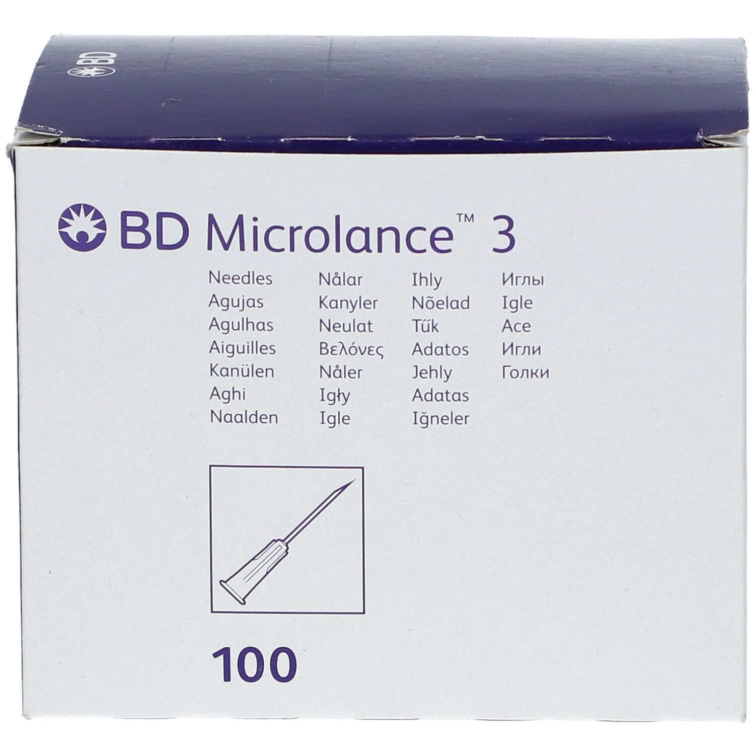 Verpackung von BD Microlance 3 Nadeln. Aufdrucke: BD Microlance 3, Nadel-Illustration, 100.