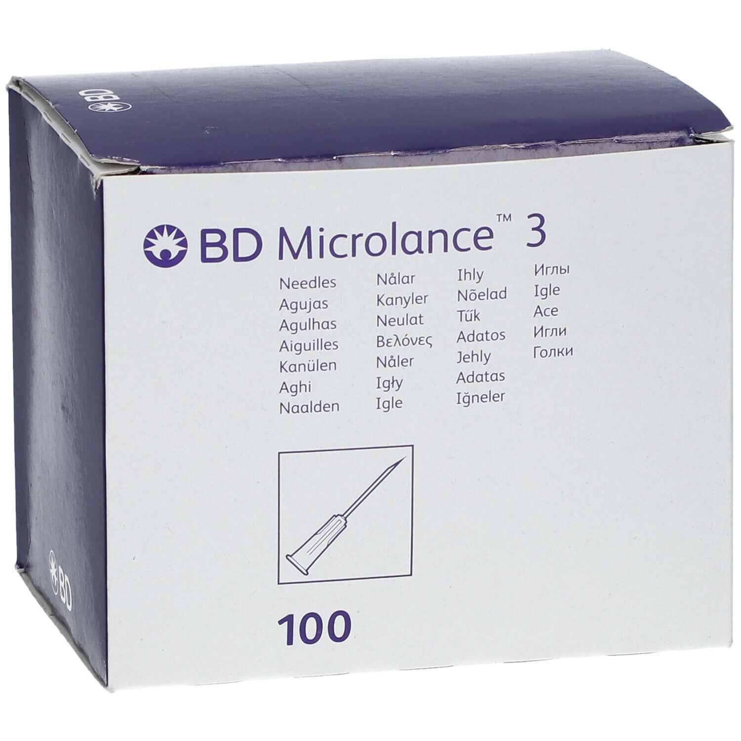 Verpackung von BD Microlance 3 Nadeln. Aufdrucke: BD Microlance 3, Nadel-Illustration, 100.