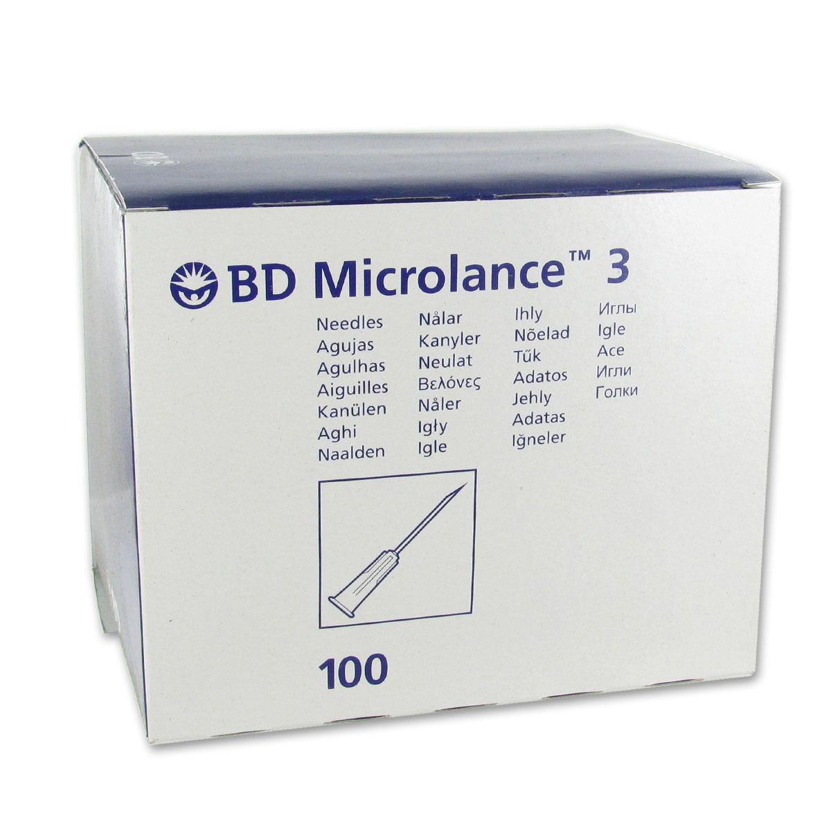 Boîte de BD Microlance 3 aiguilles. Inscription: 100 aiguilles. Illustration d'une aiguille. Inscriptions multilingues.