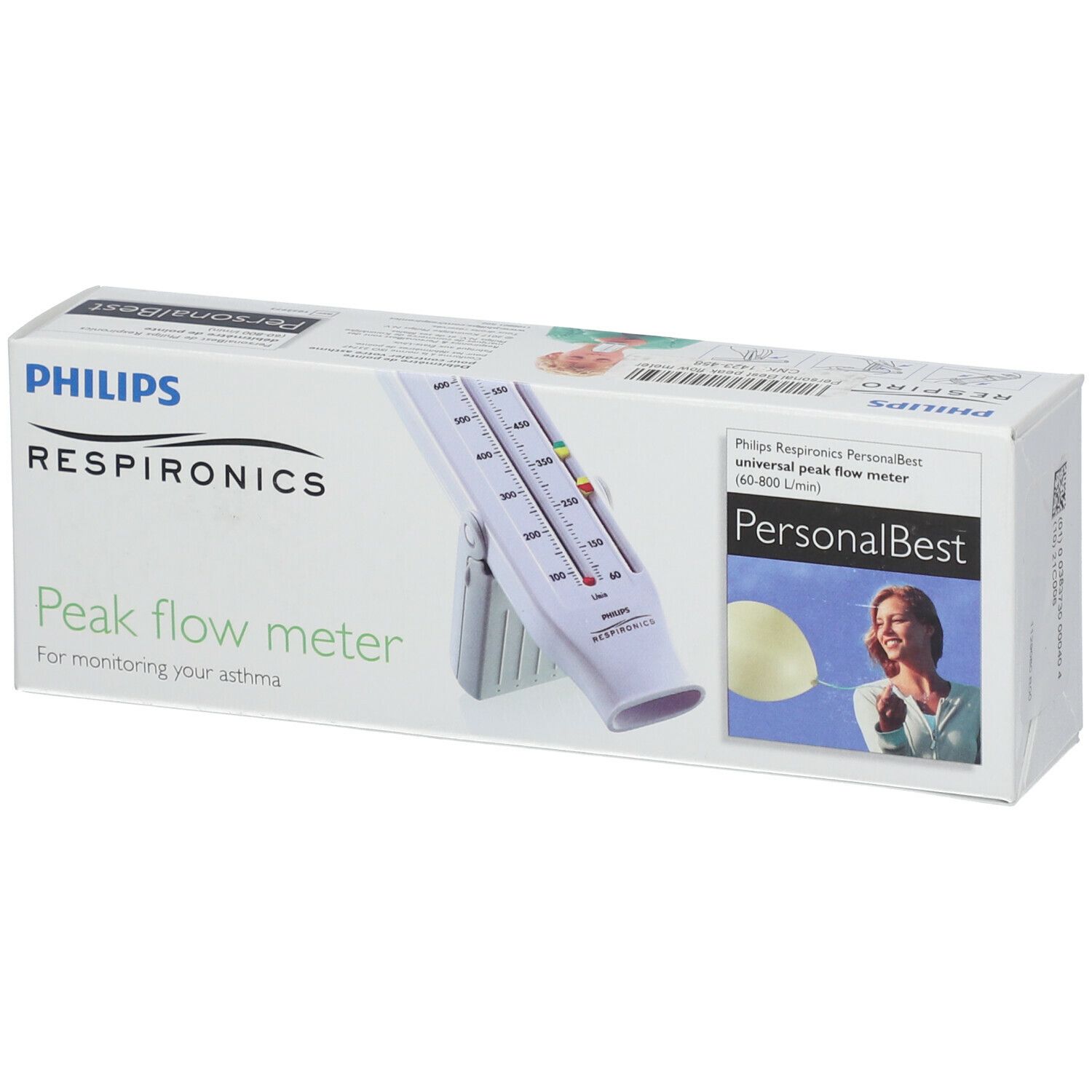 Emballage d'un débitmètre de pointe. Inscriptions: PHILIPS RESPIRONICS, Peak flow meter, PersonalBest. Image du produit.