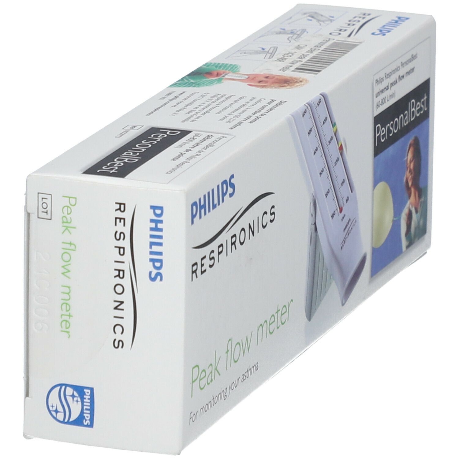 Emballage d'un débitmètre de pointe. Inscriptions: PHILIPS RESPIRONICS, Peak flow meter, PersonalBest. Image du produit.
