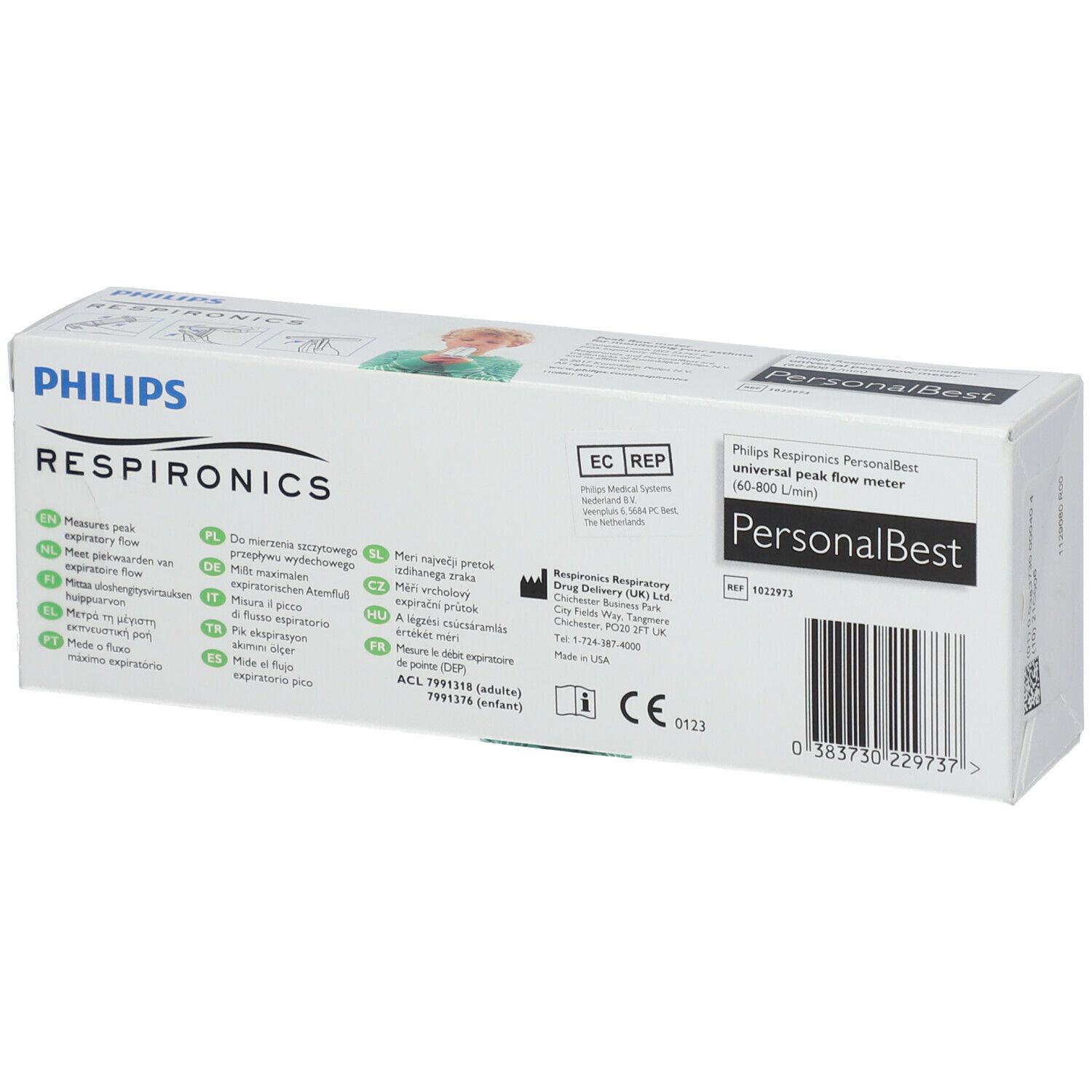Emballage d'un débitmètre de pointe. Inscriptions: PHILIPS RESPIRONICS, Peak flow meter, PersonalBest. Marquage CE.