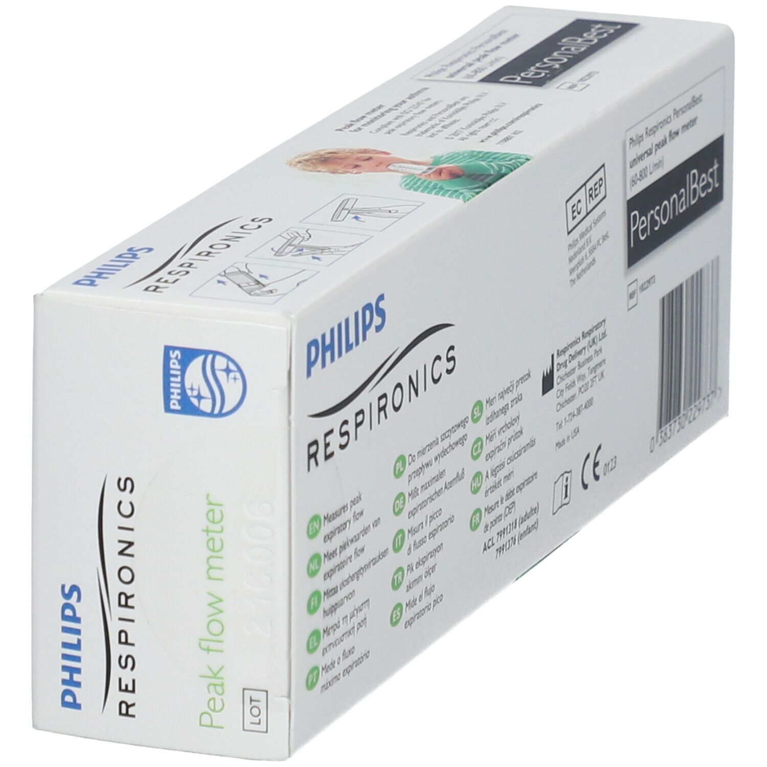 Emballage d'un débitmètre de pointe. Inscriptions: PHILIPS RESPIRONICS, Peak flow meter, PersonalBest. Marquage CE.