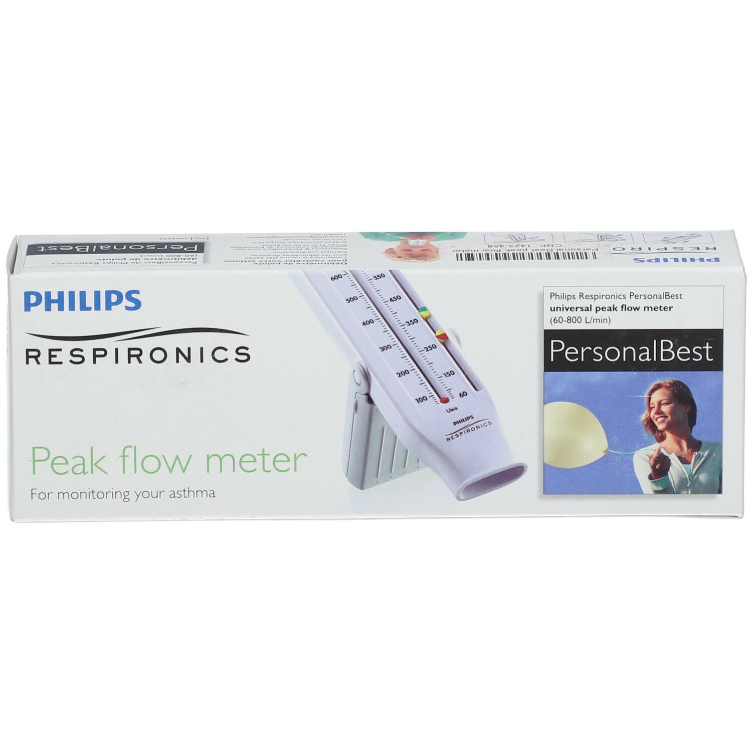 Emballage d'un débitmètre de pointe. Inscriptions: PHILIPS RESPIRONICS, Peak flow meter, PersonalBest. Image du produit.
