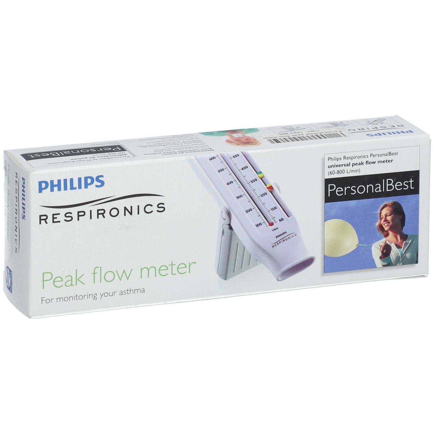 Emballage d'un débitmètre de pointe. Inscriptions: PHILIPS RESPIRONICS, Peak flow meter, PersonalBest. Image du produit.