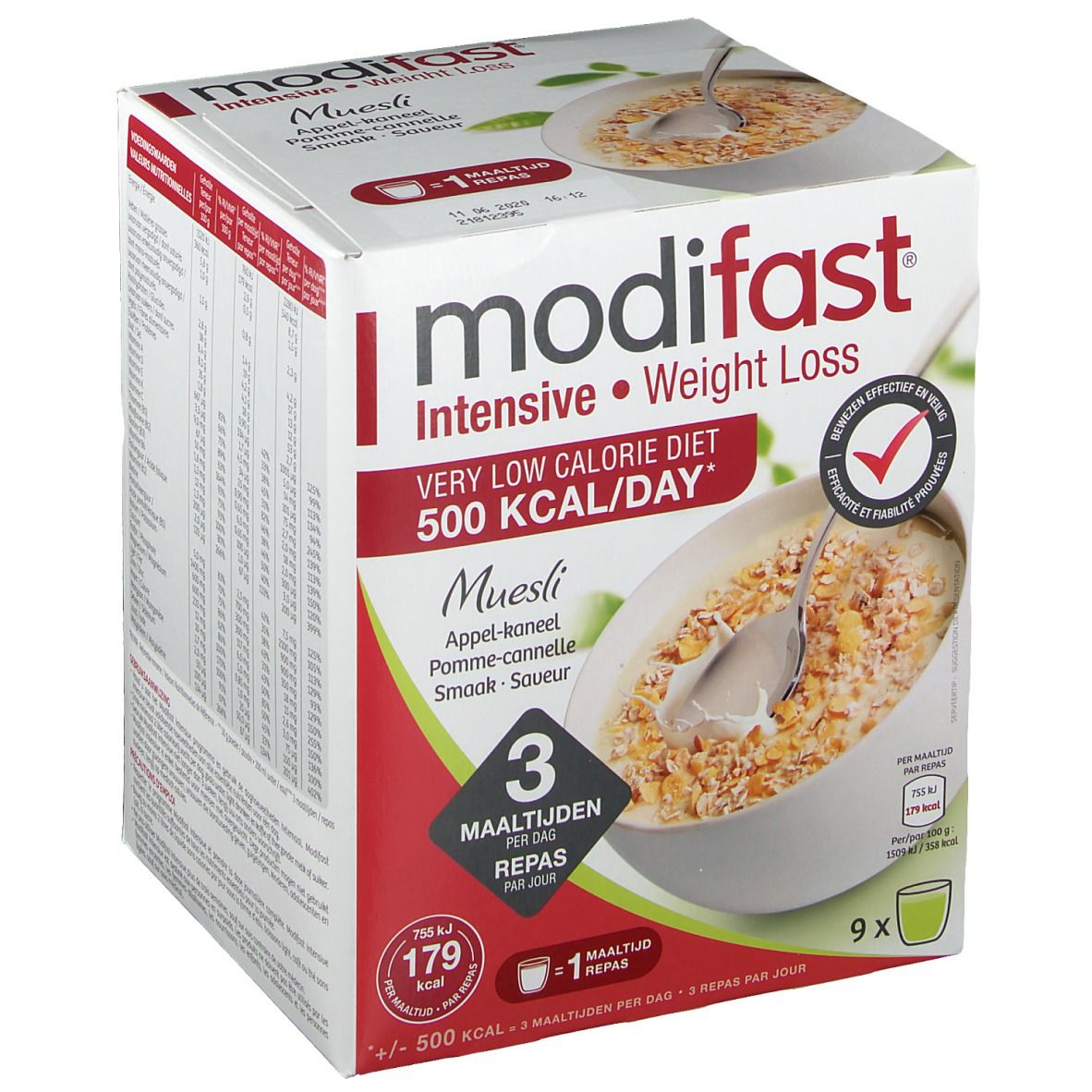 Verpakking Modifast Intensive Muesli Pomme-Cannelle. Productafbeelding. Tekst: Intensive Weight Loss, 500 Kcal/dag. 3 maaltijden. 9 porties.