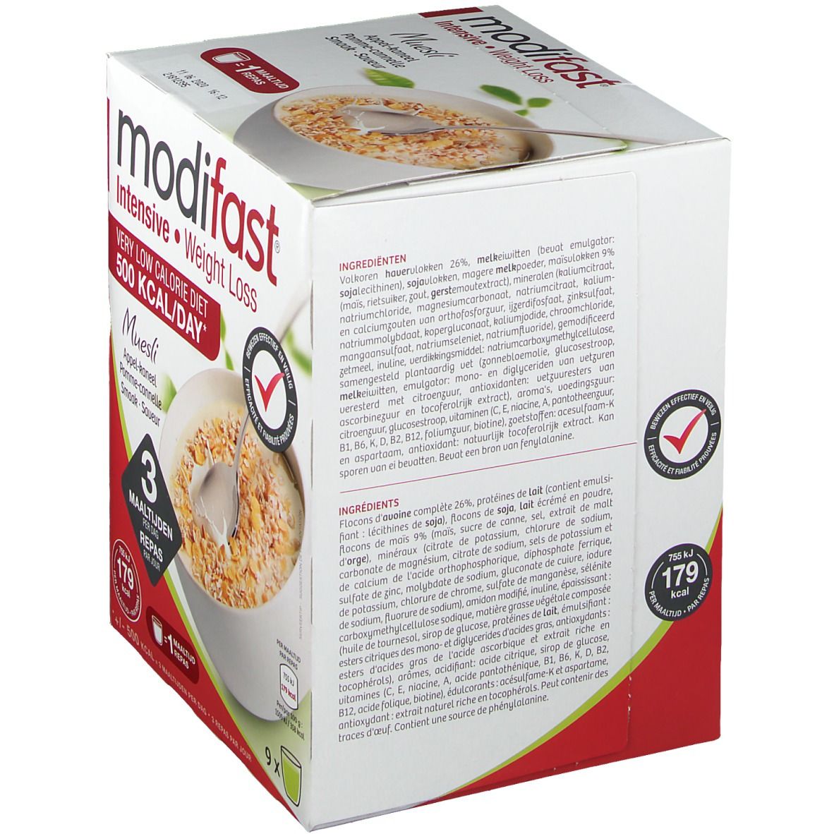 Verpakking Modifast Intensive Muesli Pomme-Cannelle. Ingrediëntenlijst. Tekst: Intensive Weight Loss, 500 Kcal/dag. 3 maaltijden. 9 porties. Voedingswaarden.