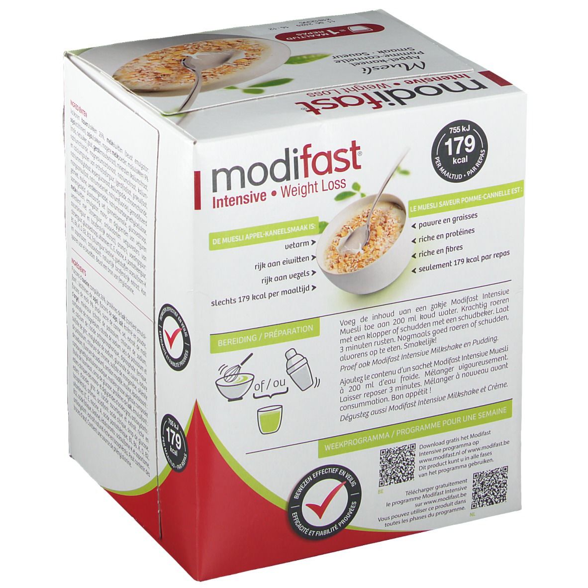 Verpakking Modifast Intensive Muesli Pomme-Cannelle. Bereidingsinstructies. Tekst: Intensive Weight Loss, 500 Kcal/dag. 3 maaltijden. 9 porties. Bereiding.