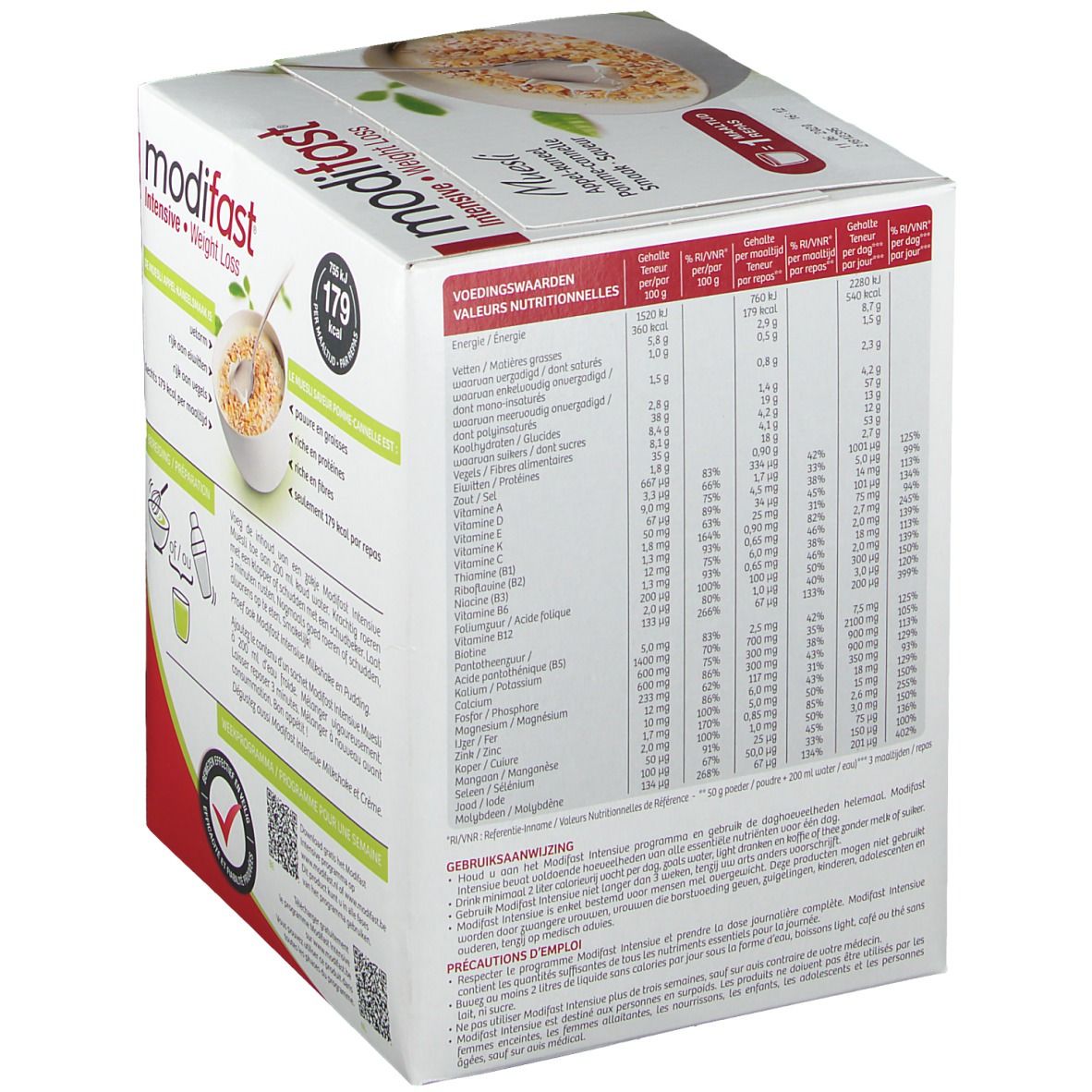 Verpakking Modifast Intensive Muesli Pomme-Cannelle. Voedingstabel. Tekst: Intensive Weight Loss, 500 Kcal/dag. 3 maaltijden. 9 porties. Voedingstabel.