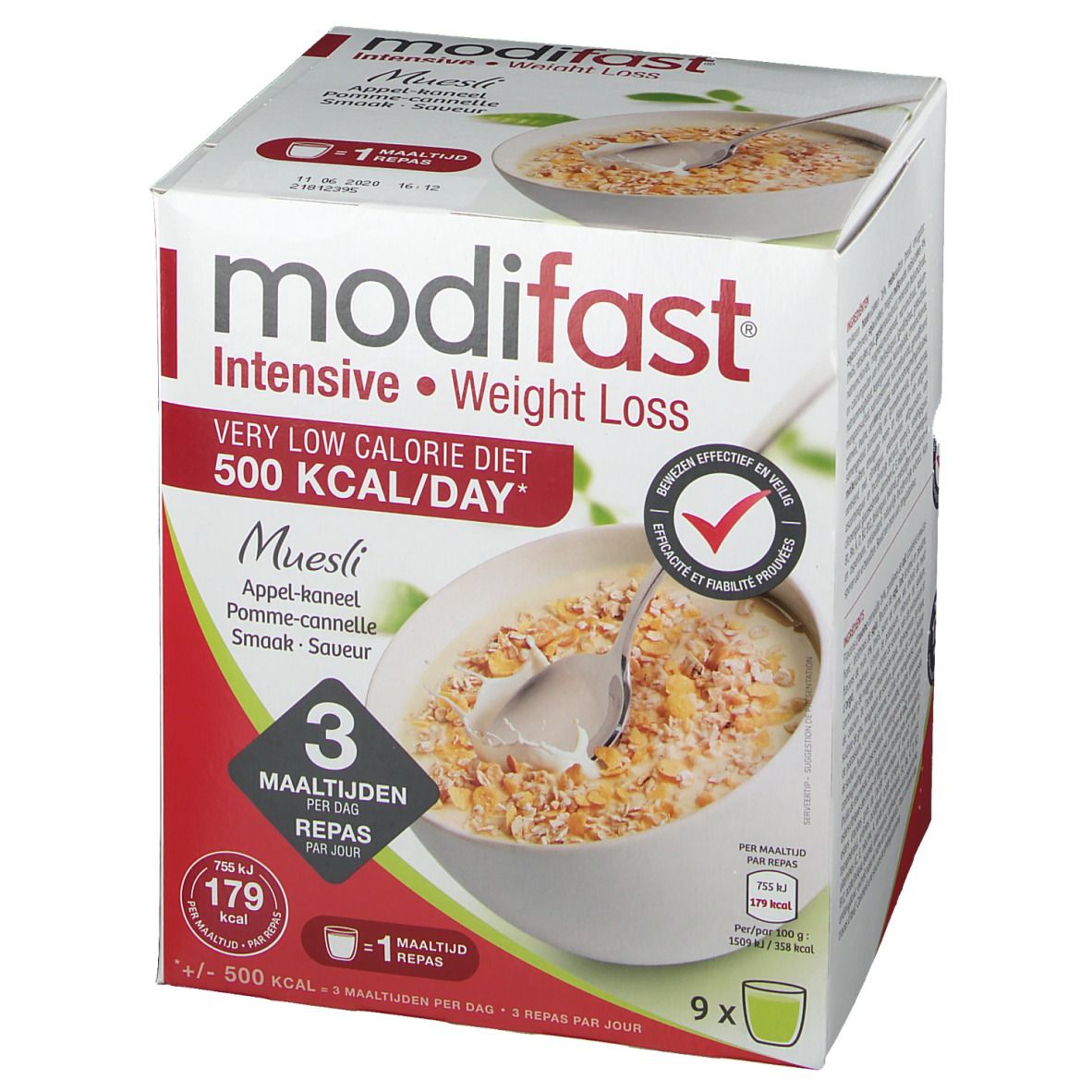 Verpakking Modifast Intensive Muesli Pomme-Cannelle. Productafbeelding. Tekst: Intensive Weight Loss, 500 Kcal/dag. 3 maaltijden. 9 porties. Logo.