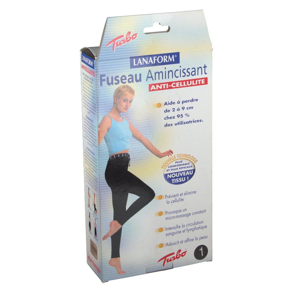 Boîte de Fuseau Amincissant. Texte: Lanaform, Anti-Cellulite. Illustration d'une femme portant un pantalon noir.