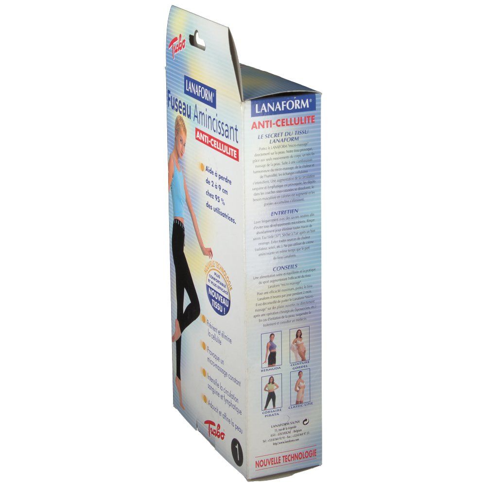 Vue latérale de la boîte. Texte: Lanaform, Fuseau Amincissant, Anti-Cellulite. Illustrations d'utilisation. Numéro 1.