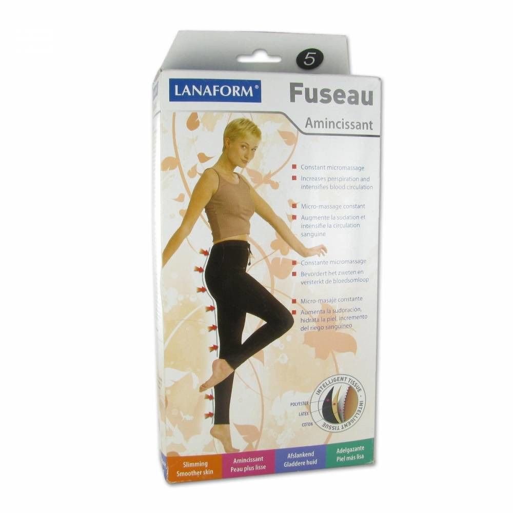 Boîte de leggings noirs. Marque Lanaform. Inscription : Feseau Amincissant. Illustration d'une femme en leggings.